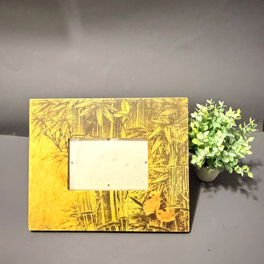 Vintage Chinoiserie Bamboo Forest Picture Frame Yellow Gold Birds 4x6 Tabletop